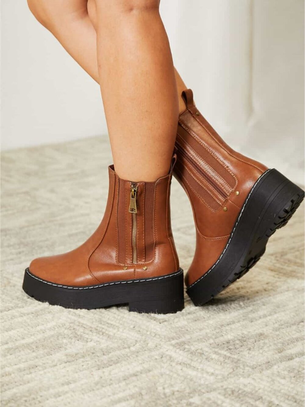 Chestnut Brown Platform Ankle Boots | Side Zip Lug Sole